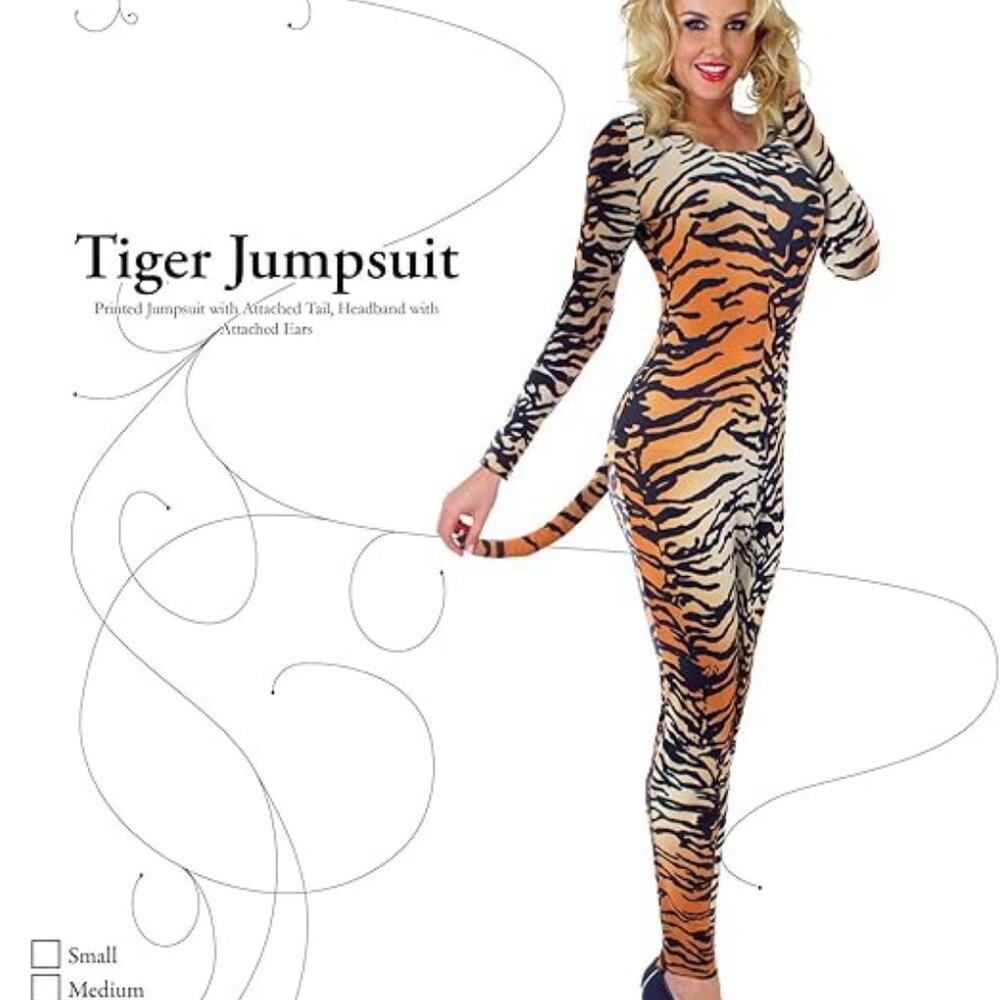 Underwraps Women Stretch Tiger Jumpsuit Costume Set with Attached Tail and Ears